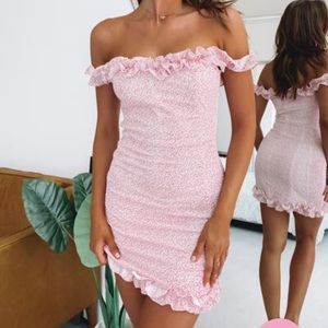 Off shoulder pink floral mini dress